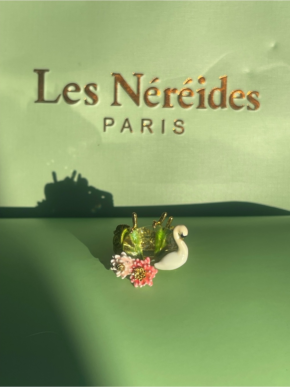 🦢Les Néréides Swan & Flower Green Crystal Ring